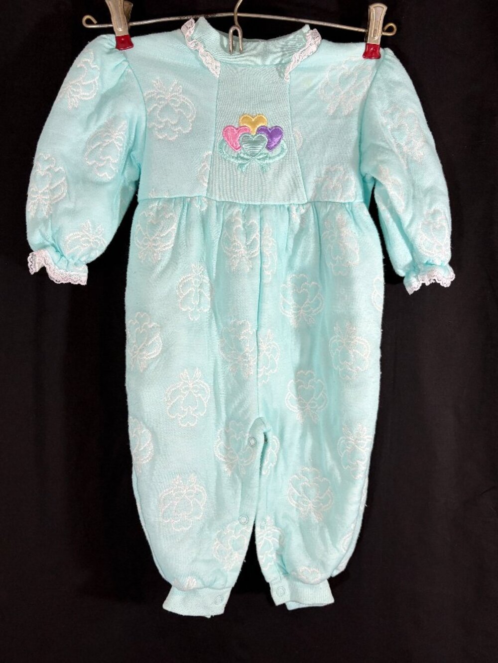 Vintage 90s Sprockets Mervyns Pastel Blue Heart Embroidered Fleece Jumpsuit 18M
